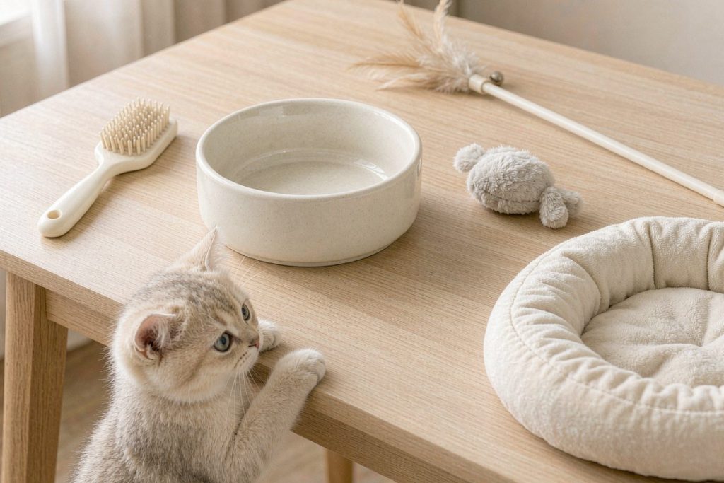 新手养猫用品：猫碗、逗猫棒、梳子与软垫