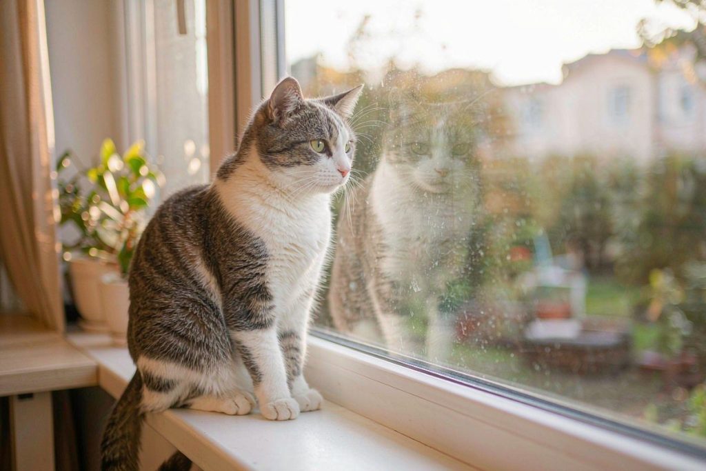 猫咪坐在窗台边望向窗外