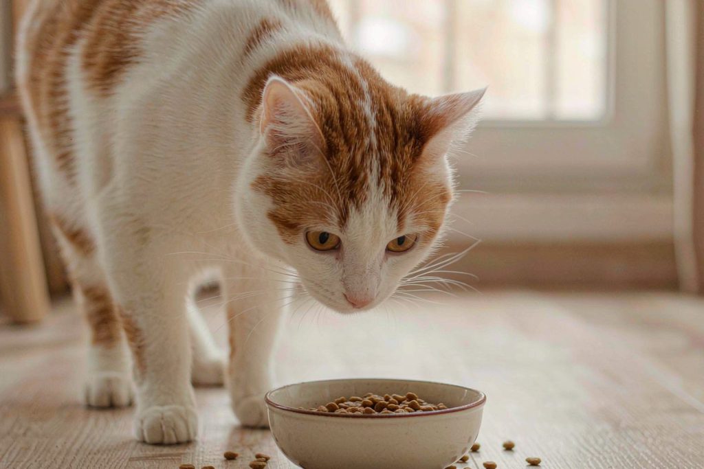 猫咪低头在陶瓷碗里吃猫粮