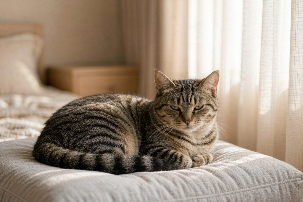 猫咪安静蜷缩在软垫上休息