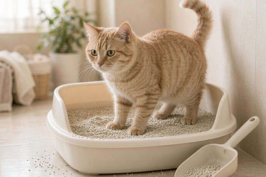 猫咪站在猫砂盆中，细颗粒猫砂