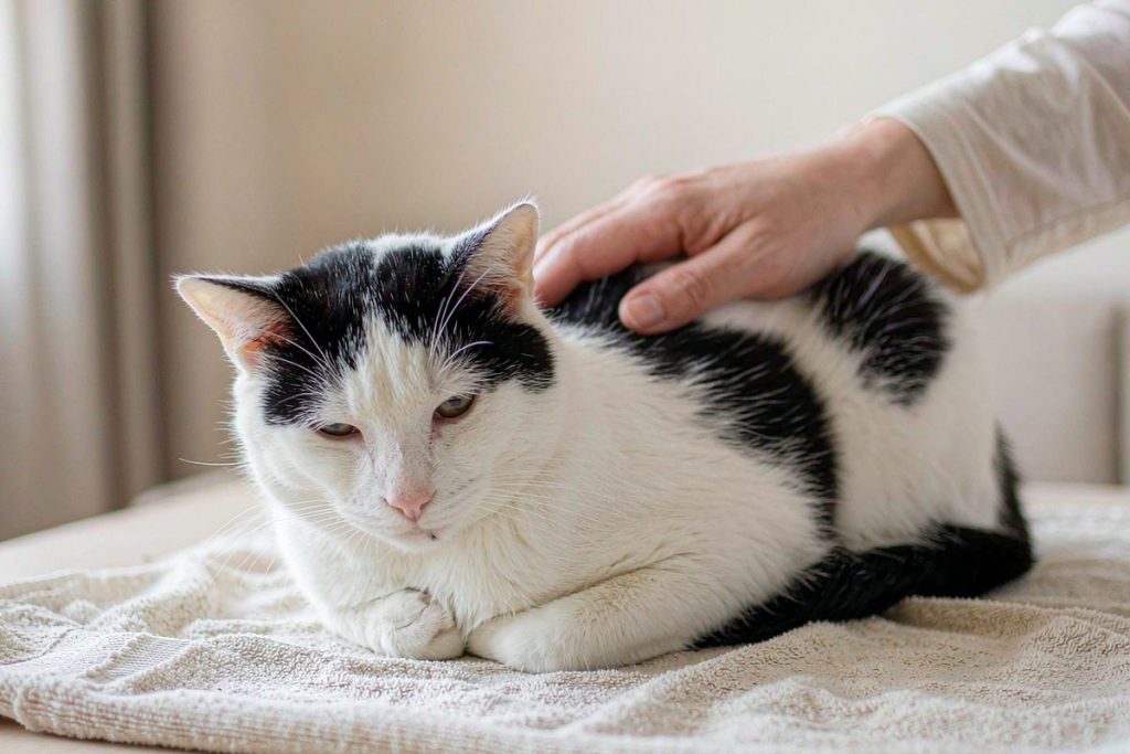 猫咪安静趴在铺着毛巾的桌面上
