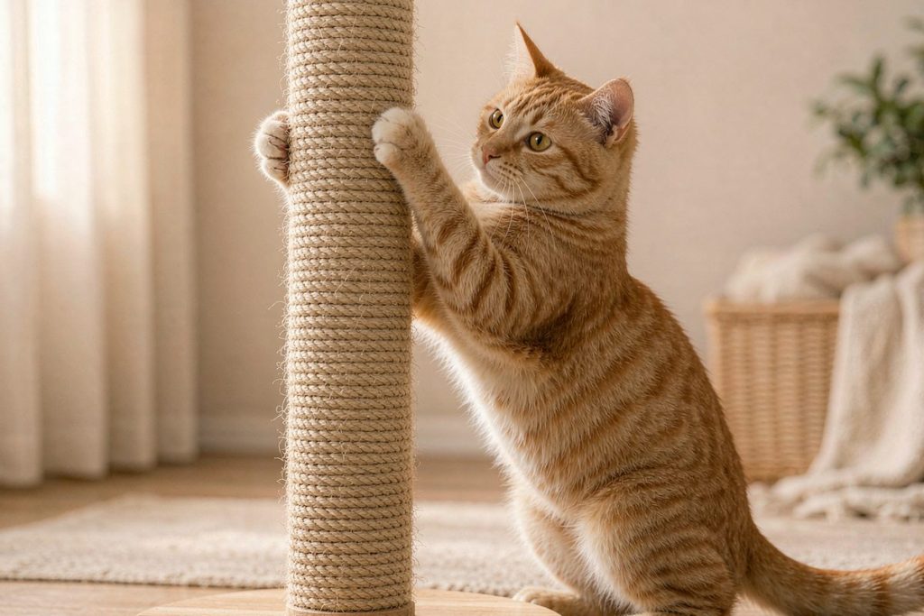 猫咪用前爪抓挠麻绳猫抓柱