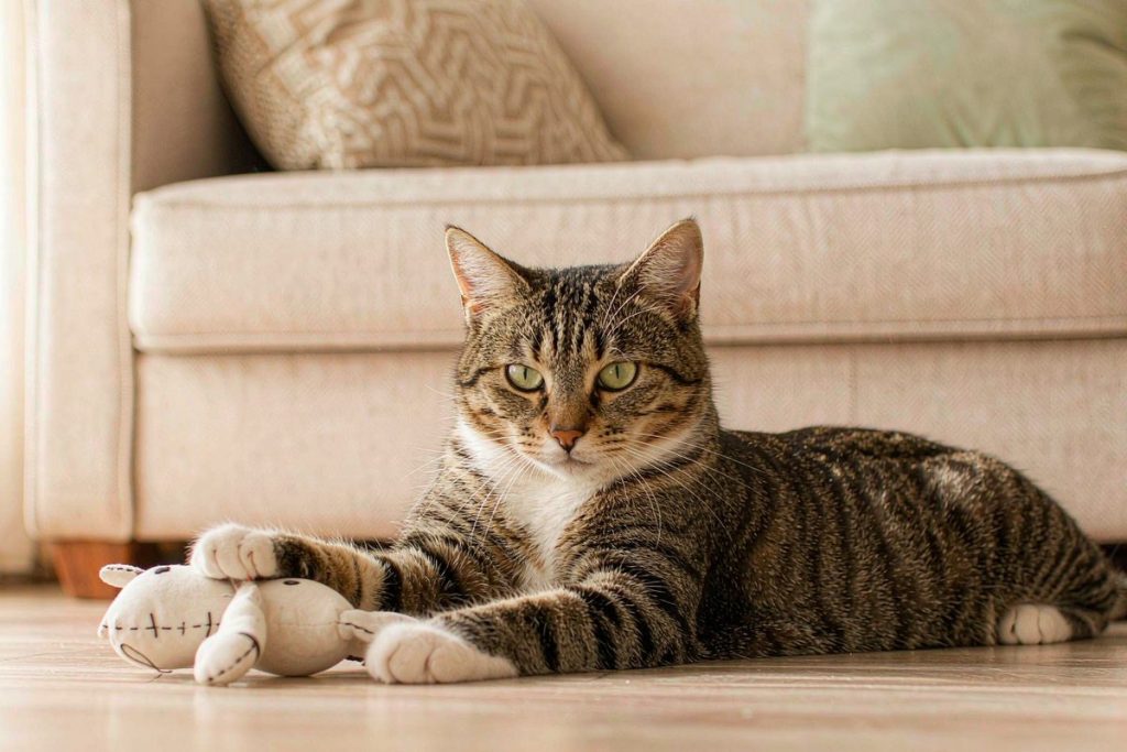 猫咪趴在地板上拨弄布偶玩具