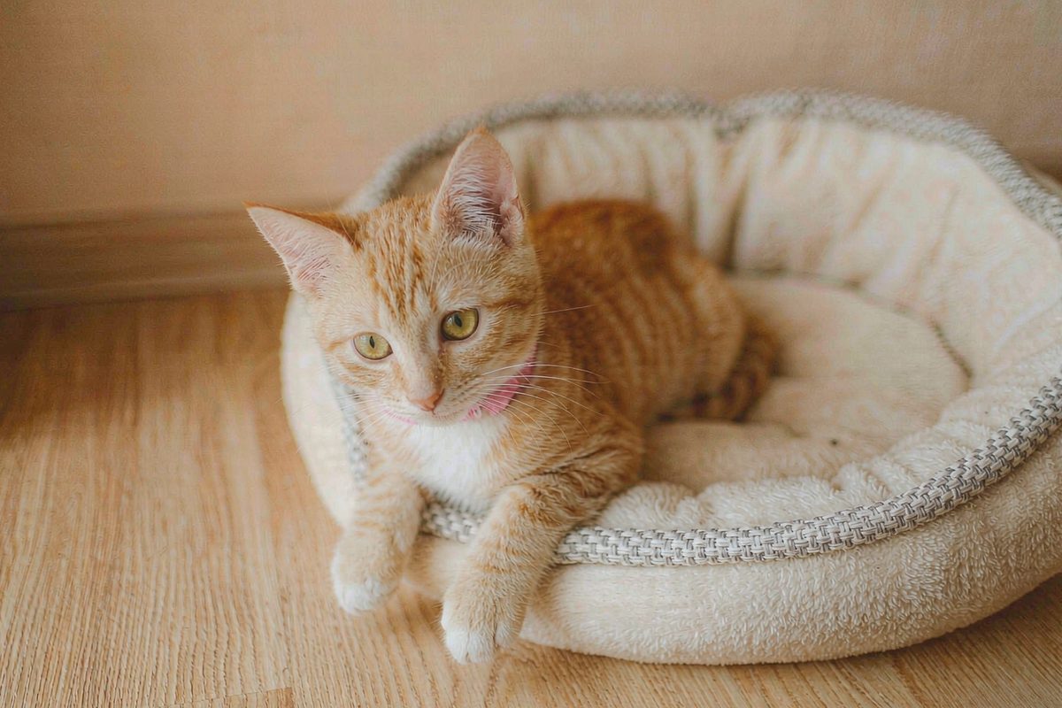 橘猫躺在奶油色猫窝中休息