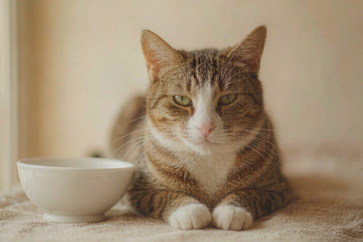 狸花猫坐在白瓷碗旁