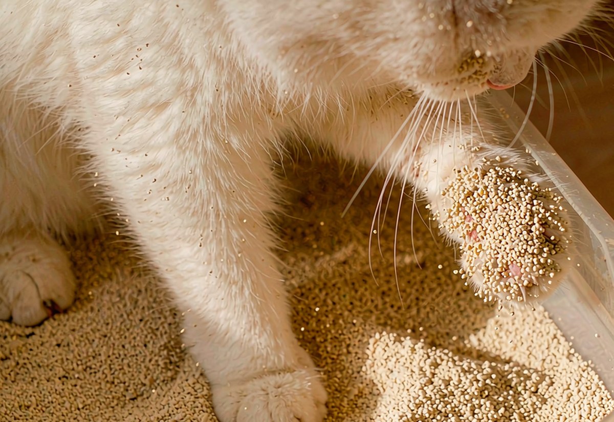 猫咪在猫砂盆中，膨润土猫砂